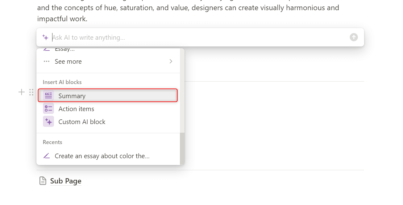 "Summary" highlighted as an AI block in Notion.