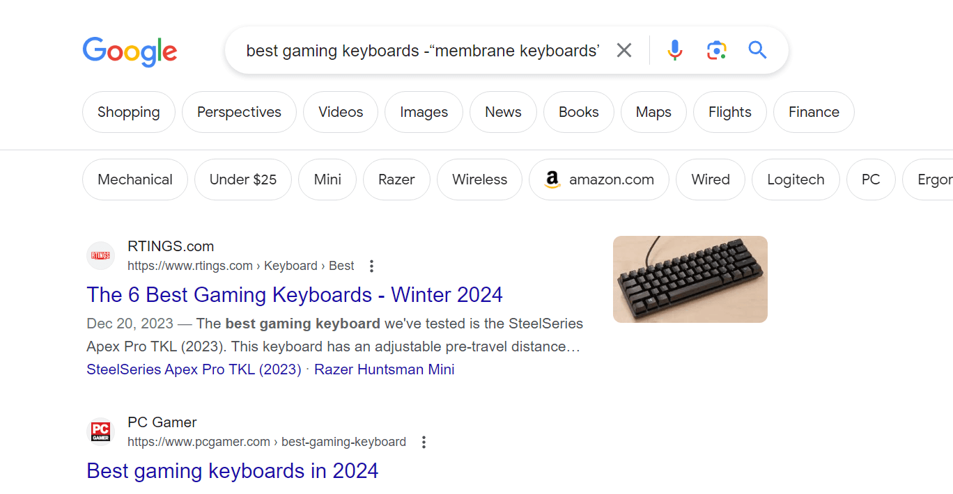 "best gaming keyboards -“membrane keyboards”" typed on Google Search.
