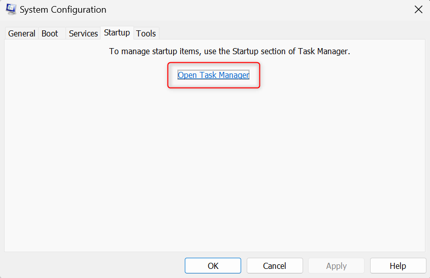"Open Task Manager" option highlighted in Startup tab of System Configuration.