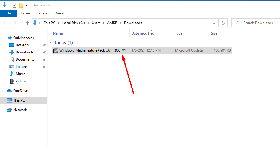 Media Feature Pack installer in Windows File Explorer.