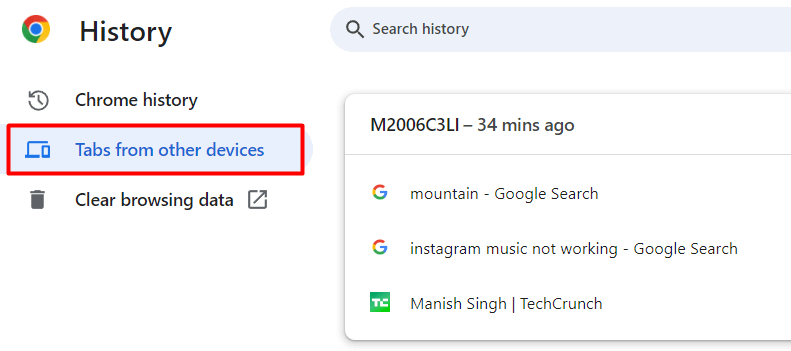 "Tabs from other devices" menu highlighted in Chrome for desktop