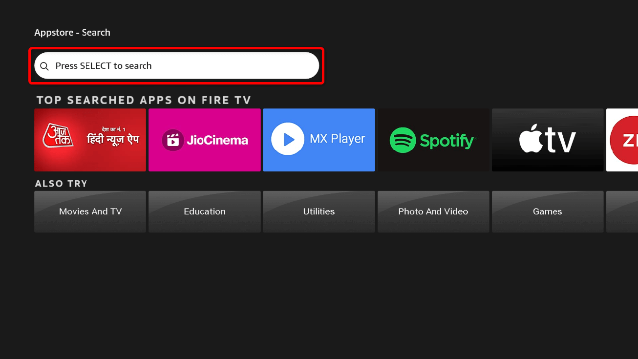 Search bar highlighted in Appstore on a Fire TV Stick.