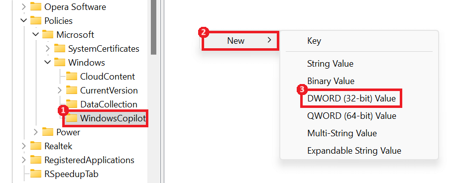 WindowsCopilot > New > DWORD (32-bit) Value highlighted in Registry Editor.