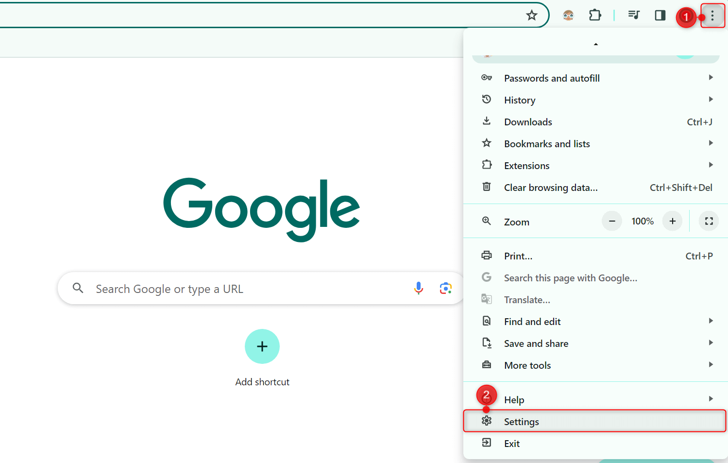 Three-dot menu and "Settings" highlighted in Chrome.