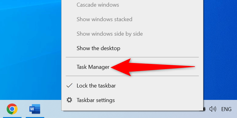 "Task Manager" highlighted in Windows 10 taskbar's context menu.