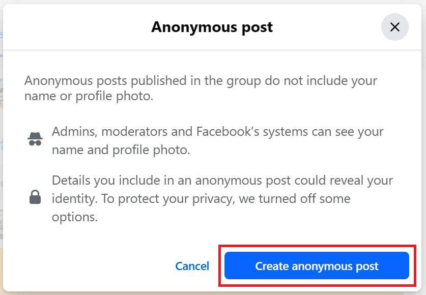 "Create anonymous post" button highlighted in Facebook.