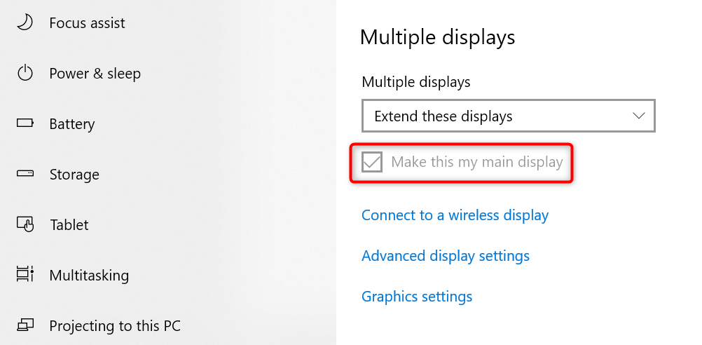 "Make this my main display" highlighted in the "Multiple displays" section.