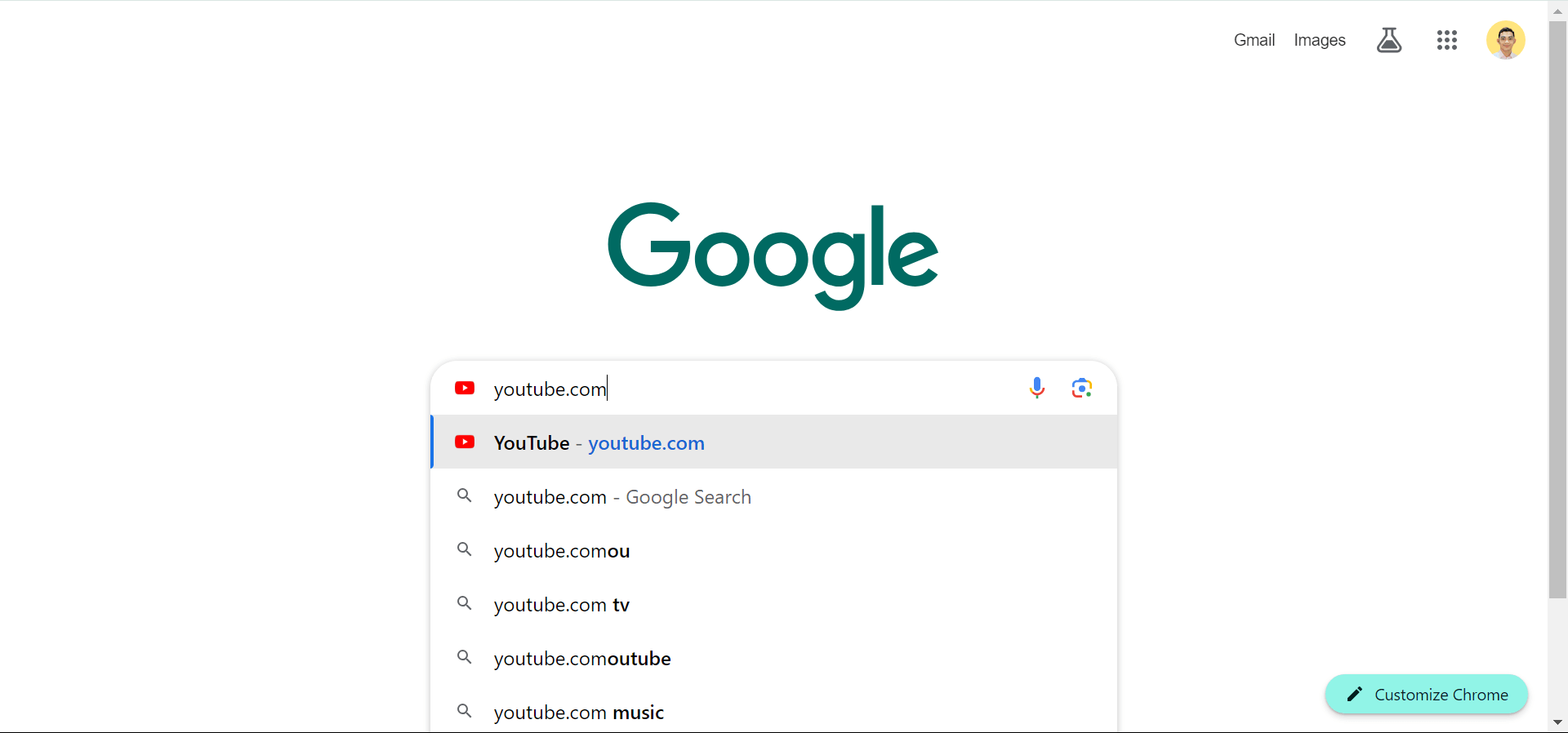"youtube.com" typed on Google Search.