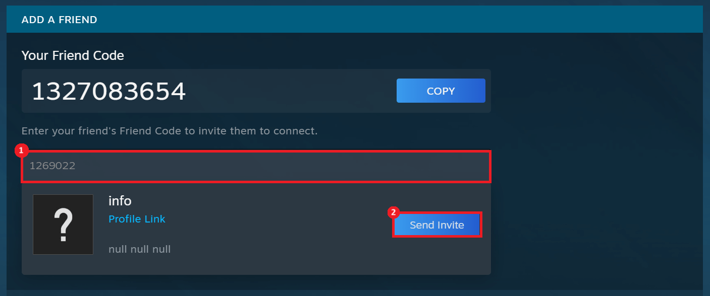 Friend code field and "Send Invite" button highlighted on Steam.