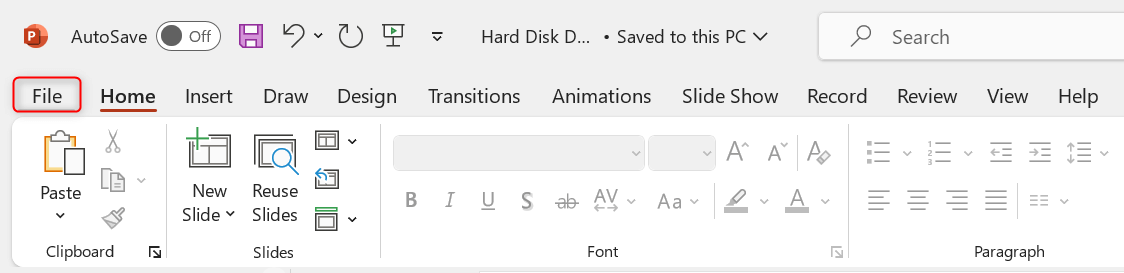 Click "File" tab in Microsoft PowerPoint.