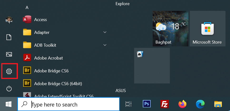 "Settings" gear icon highlighted in Start menu.