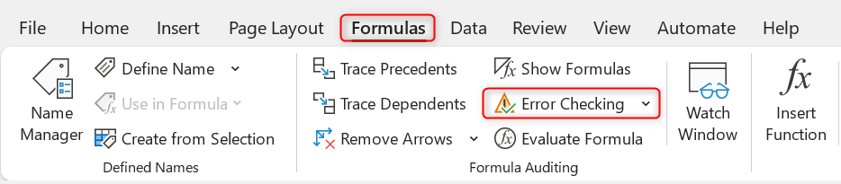"Error Checking" tool highlighted in Excel.