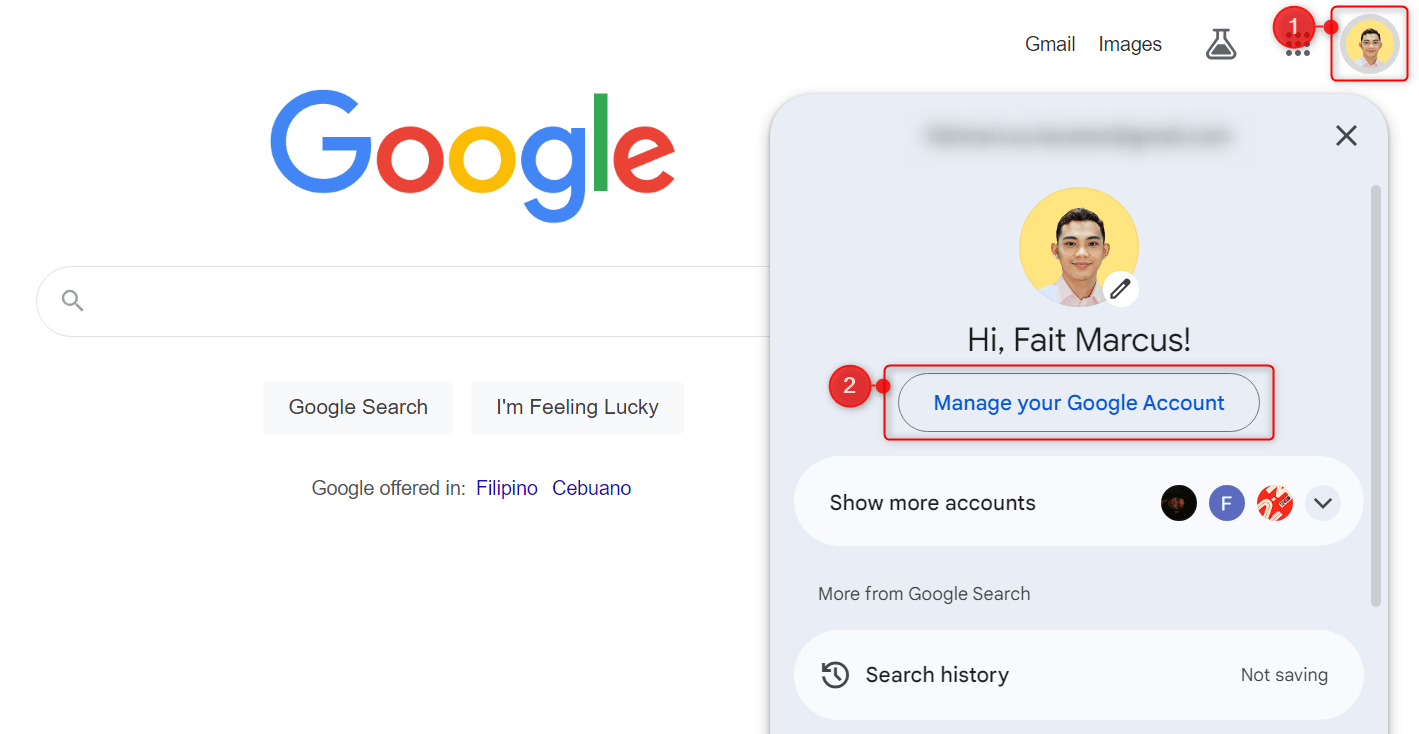 "Manage your Google Account" button highlighted in Google website.