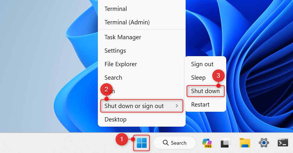 "Shut down" option highlighted in Power User menu.