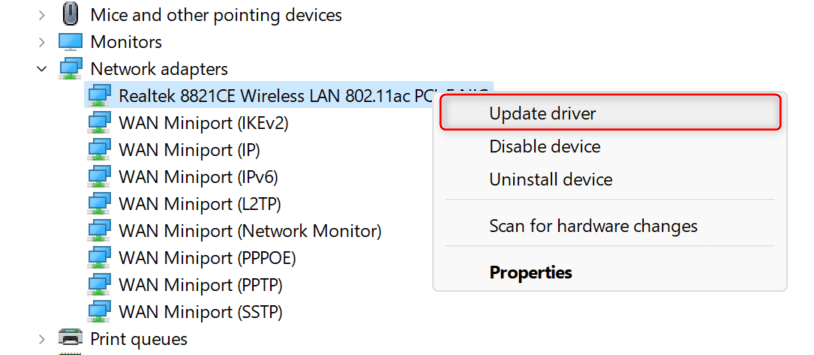 "Update driver" option highlighted in context menu in Device Manager.