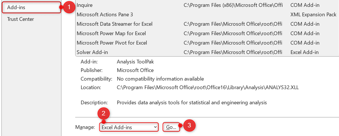 "Add-ins" tab and "Manage" option highlighted in Excel Options dialog box.