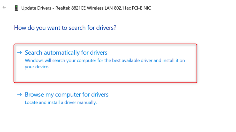 "Search automatically for drivers" option highlighted in Update Drivers window.