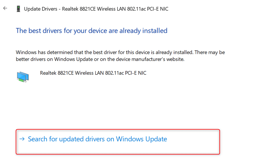 "Search for updated drivers on Windows Update" option highlighted in Device Manager.