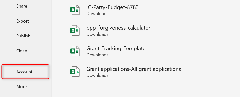 "Account" option highlighted in Excel File tab.