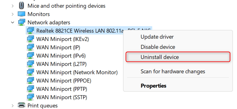 "Uninstall device" option highlighted in Device Manager.