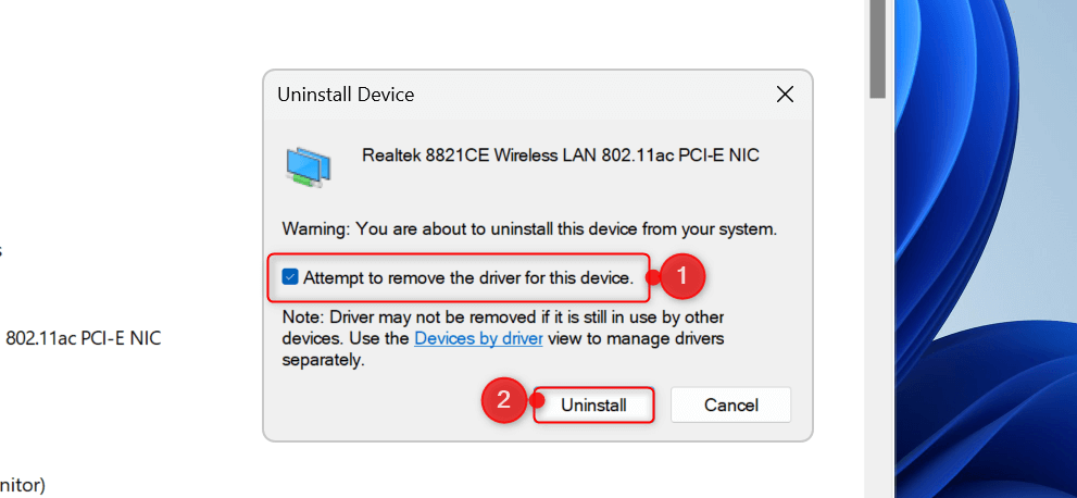 "Attempt to remove the driver for this device" option and "Uninstall" button highlighted in Device Manager.