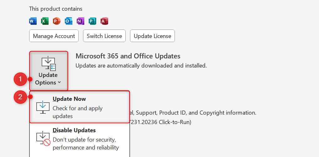"Update Options" drop-down and "Update Now" option highlighted in Excel Account section.