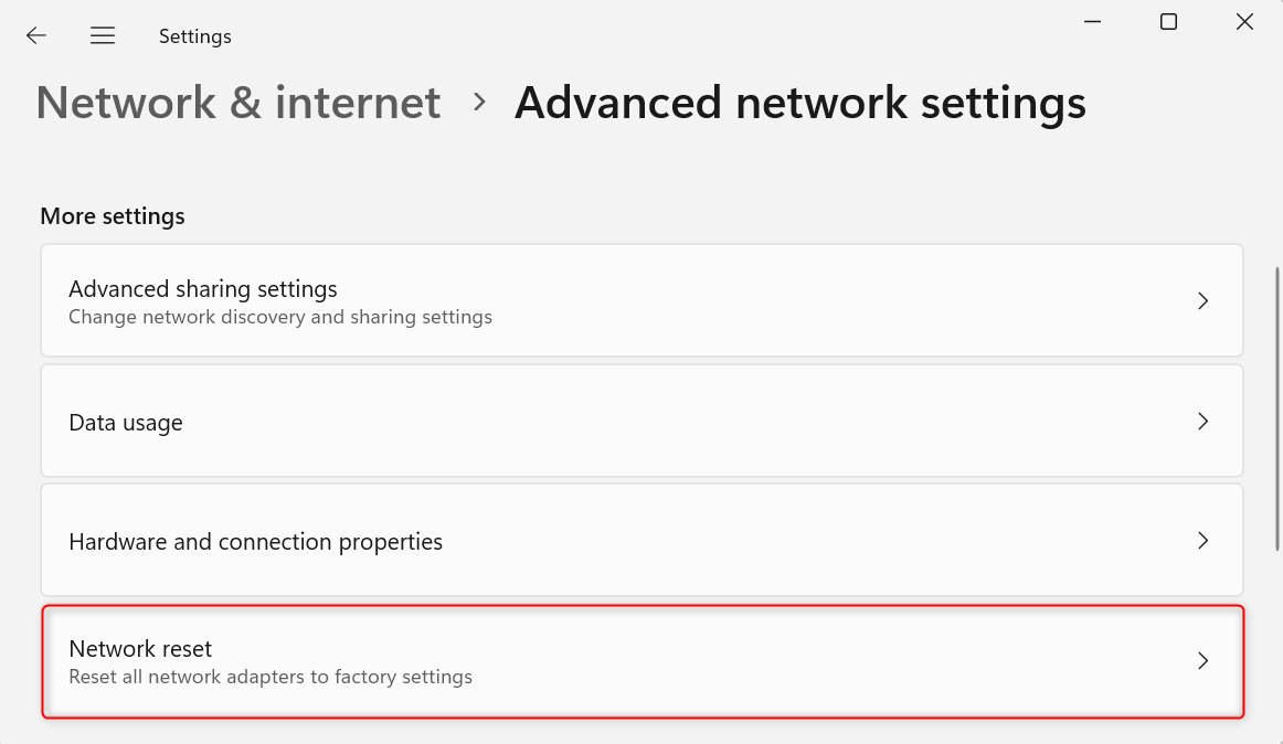 "Network reset" option highlighted in Settings.