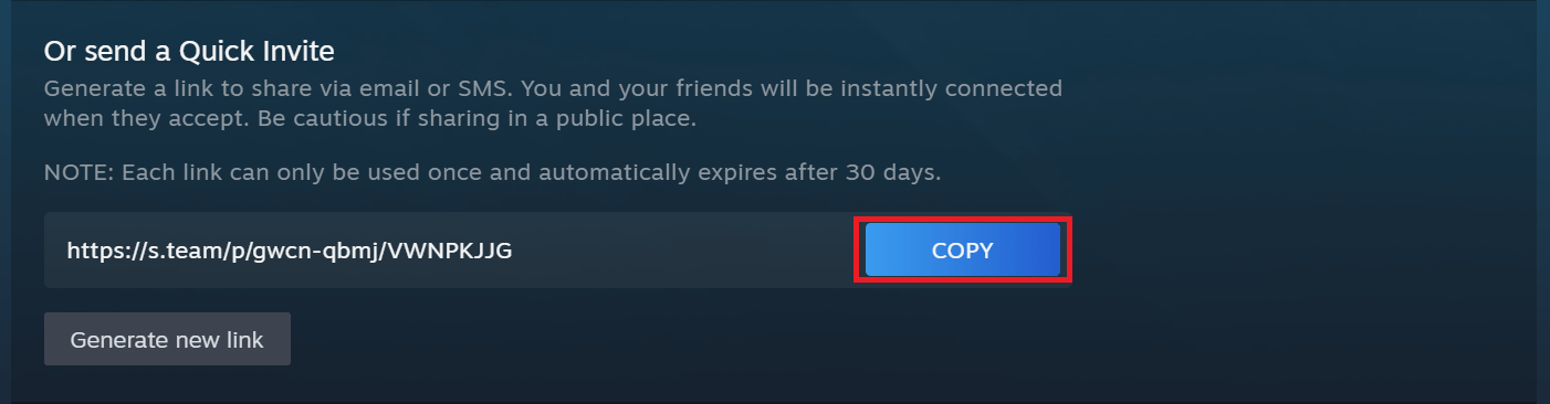 "Copy" button highlighted on Steam.