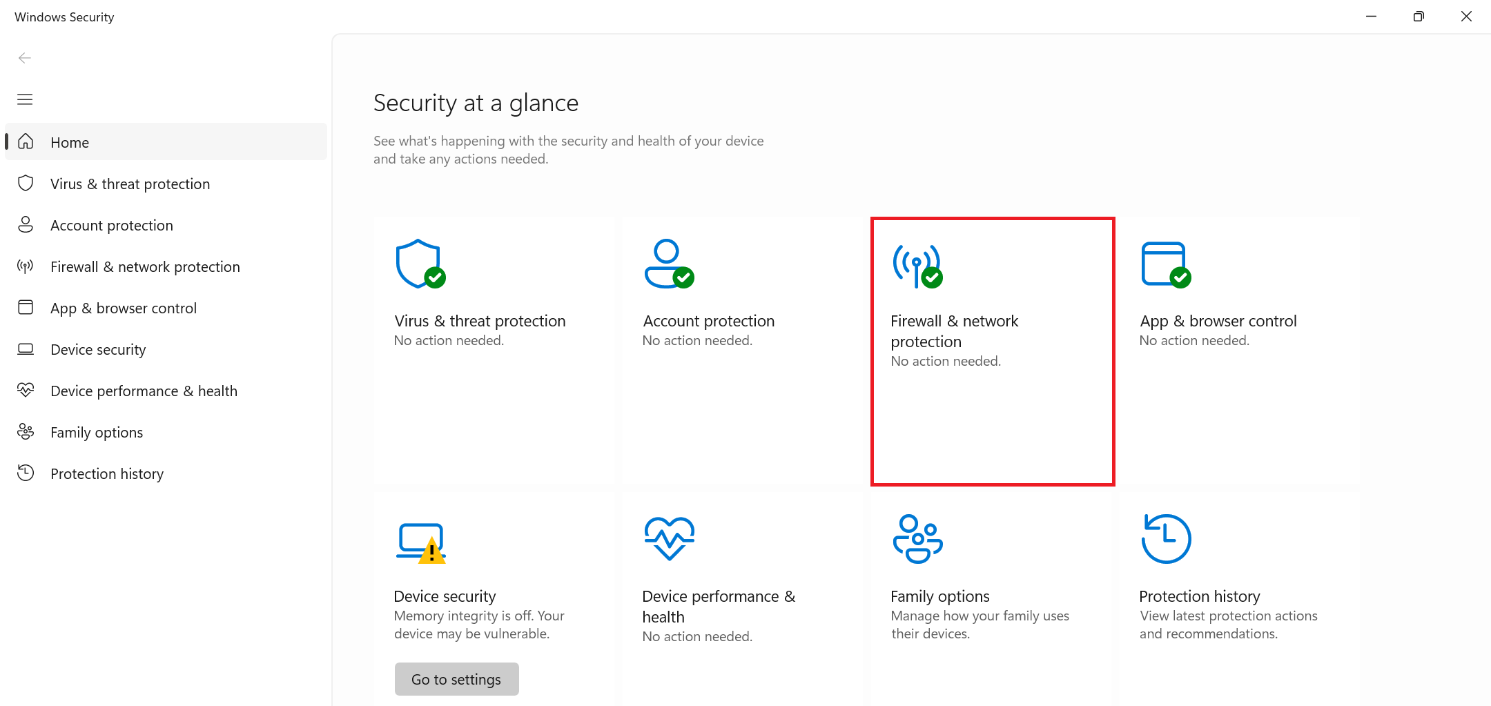 "Firewall & network protection" option highlighted in Windows Security.