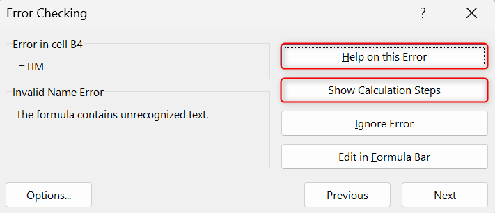 "Help on this Error" and "Show Calculation Steps" options highlighted in Excel.