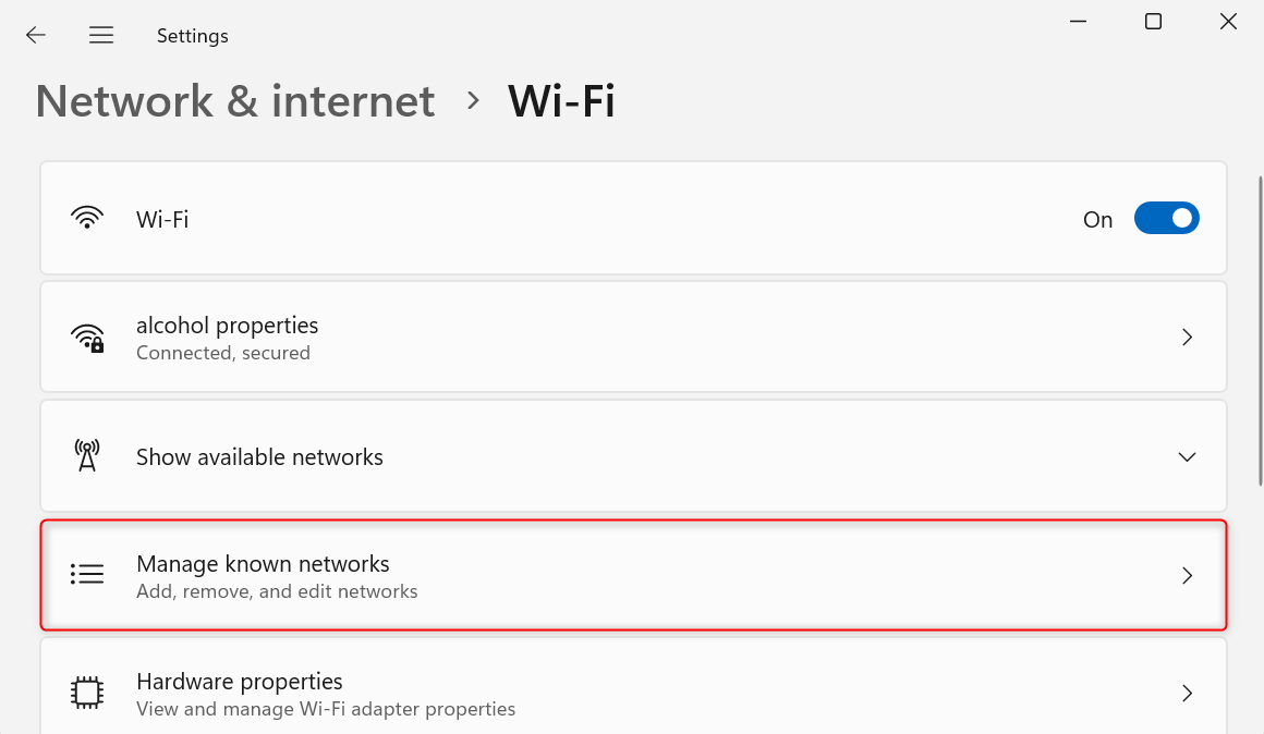 "Manage known networks" option highlighted in Windows 11 Settings.