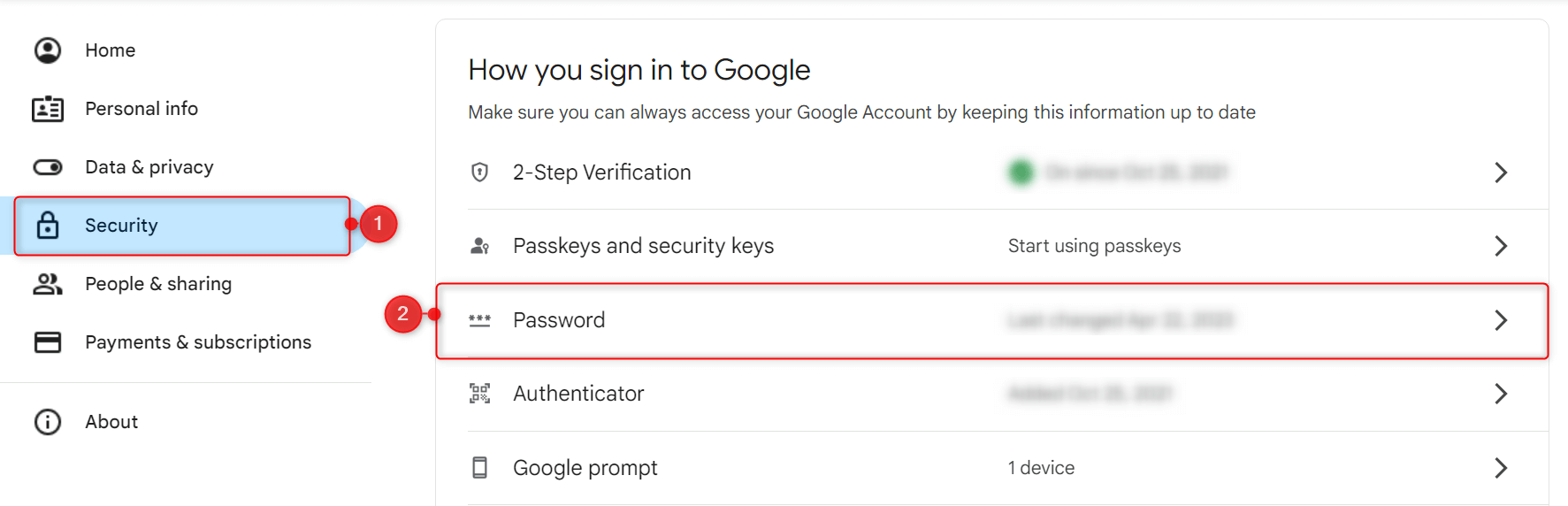 "Password" option highlighted in Google Account Security tab.