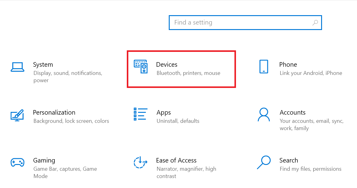"Devices" submenu highlighted in Windows 10 Settings.