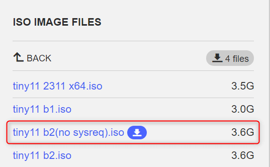 "tiny11 b2(nosysreq).iso" file highlighted on Tiny11 download page.