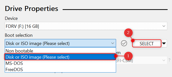 "Disk or ISO image (please select" option and "Select" button highlighted on Rufus.