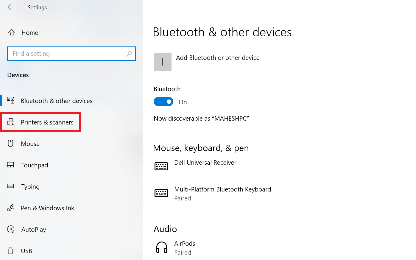 "Printers & scanners" section highlighted in Windows 10 Settings.