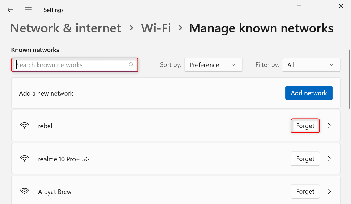 Search bar and "Forget" button highlighted in Windows 11 network settings.