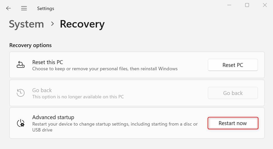 "Restart now" button highlighted in Windows Recovery Settings.
