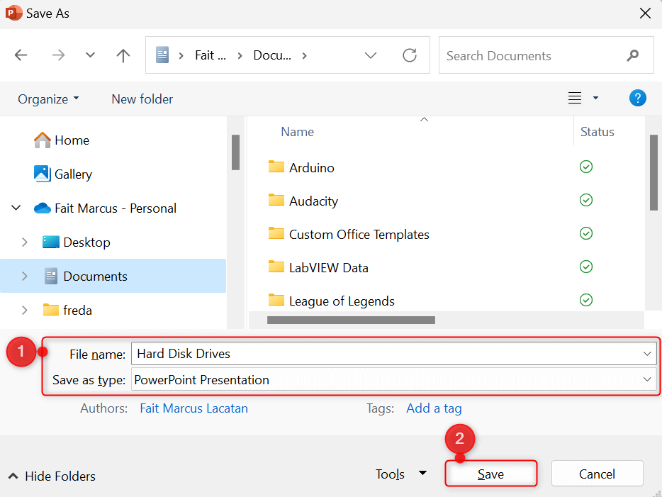 File preferences and "Save" button highlighted in Save as dialog in PowerPoint.