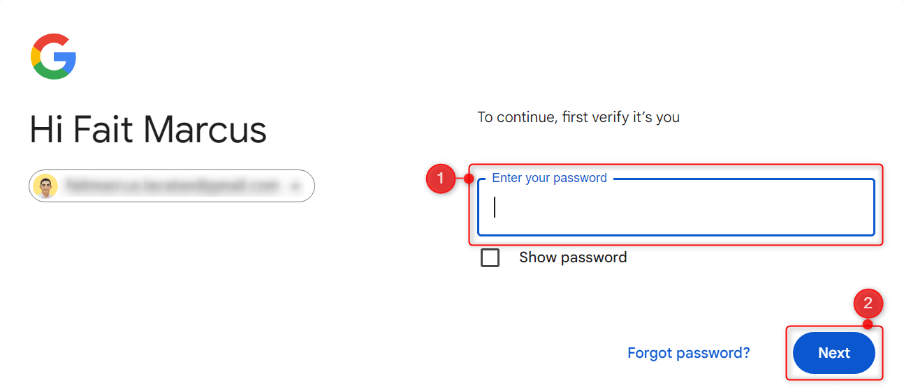 "Enter new password" field highlighted in Google sign-in page.