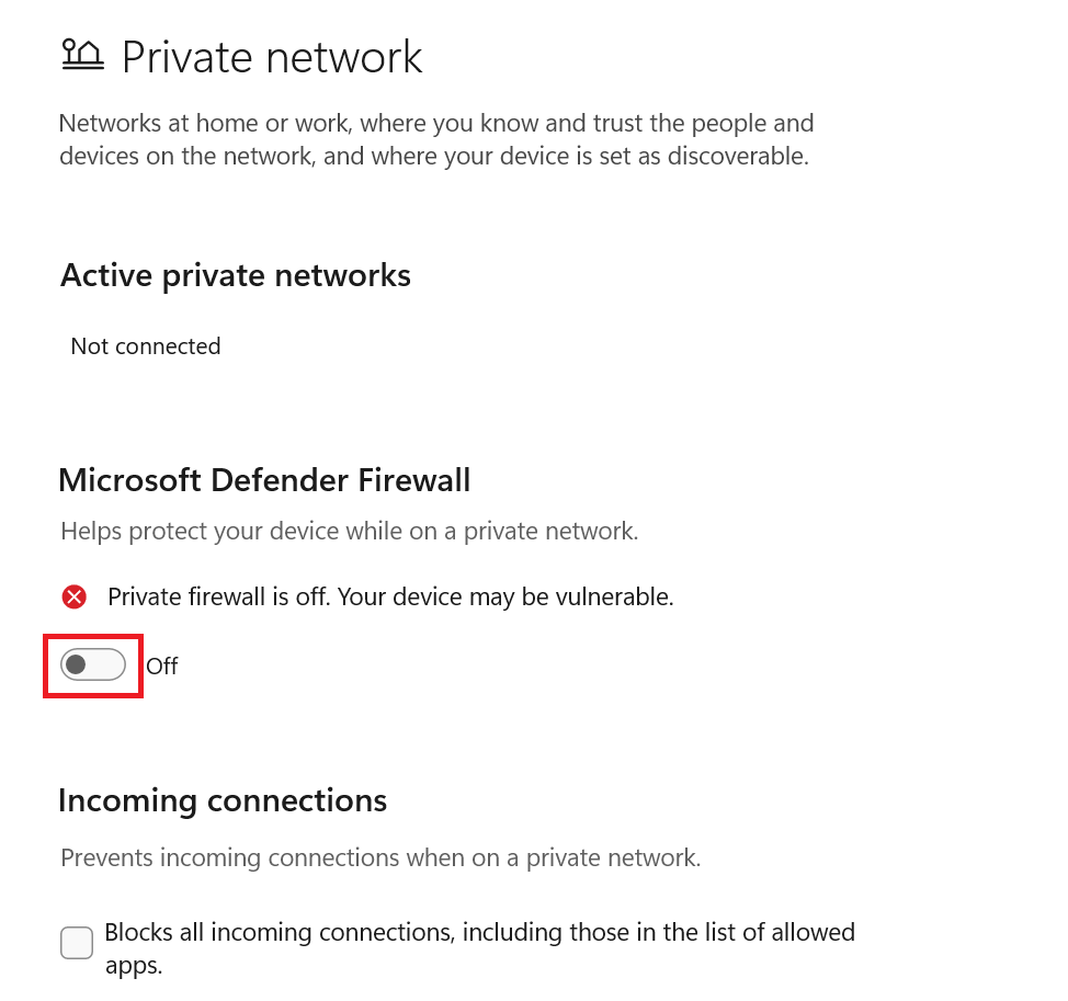 Microsoft Defender Firewall toggle button highlighted in Windows Security.