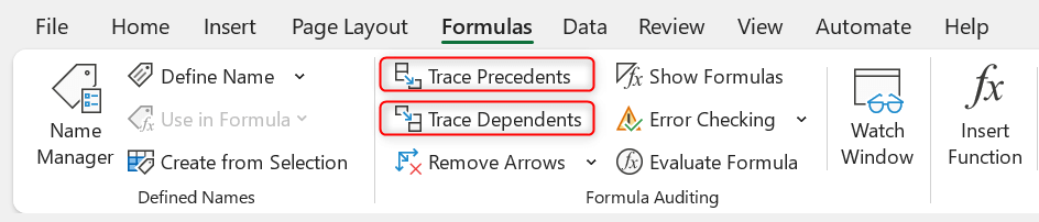 "Trace Precedents" and "Trace Dependents" options highlighted in Excel.