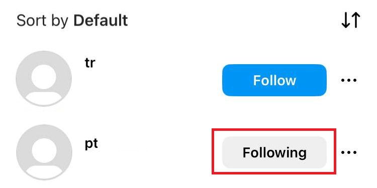 "Following" button highlighted in Instagram following list.