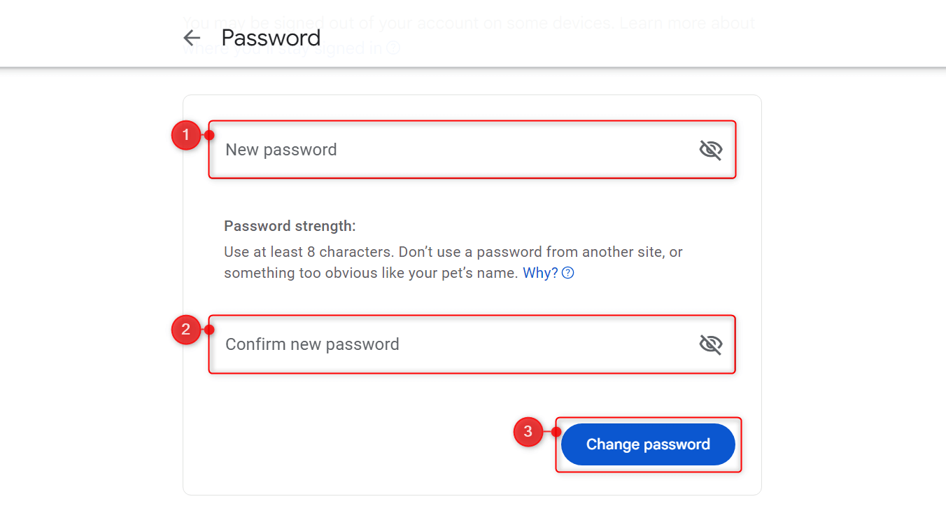 Password change interface for Google Account.