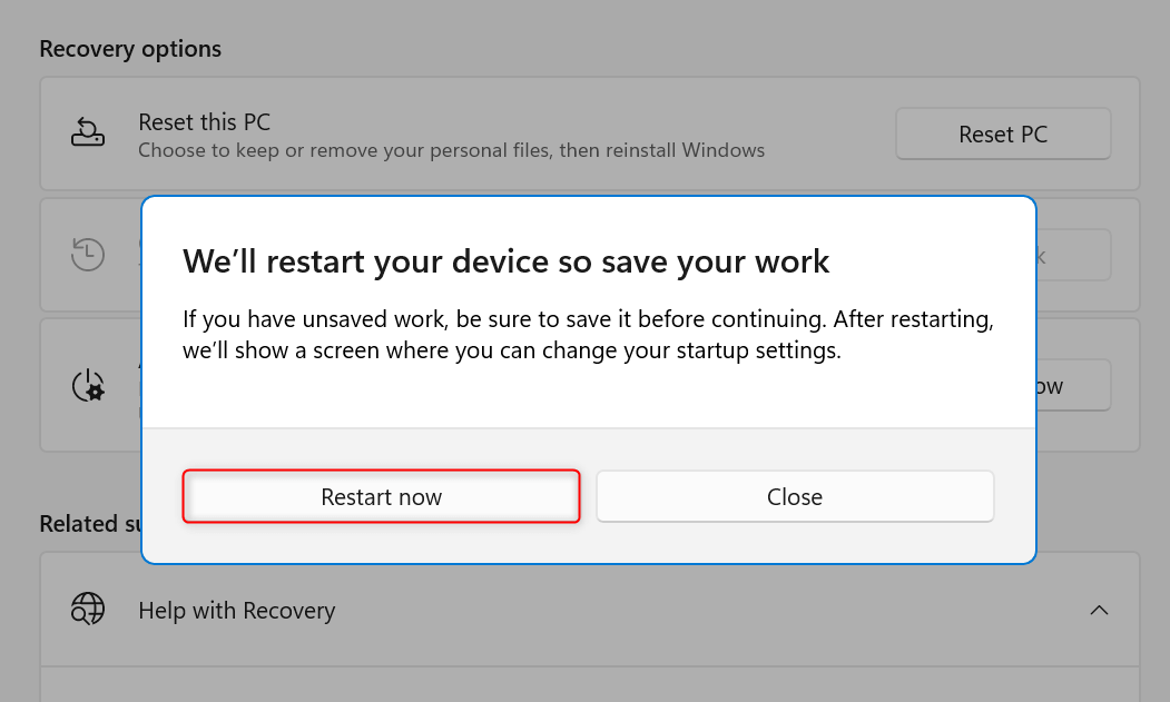 "Restart now" button highlighted in confirmation dialog in Settings.