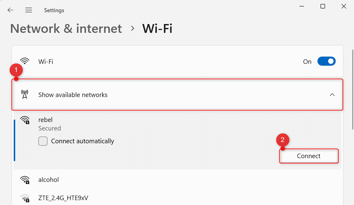 "Show available networks" and "Connect" button highlighted in Settings.