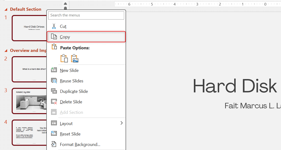 "Copy" option highlighted in Microsoft PowerPoint context menu.