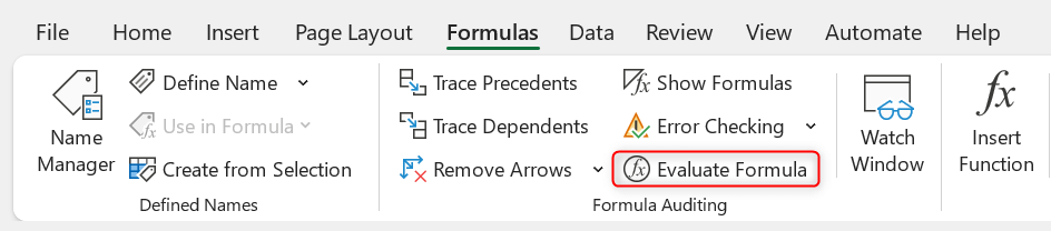 "Evaluate Formula" tool highlighted in Excel.