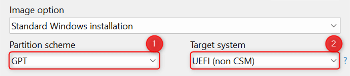 "Partition scheme" and "Target system" fields highlighted on Rufus.