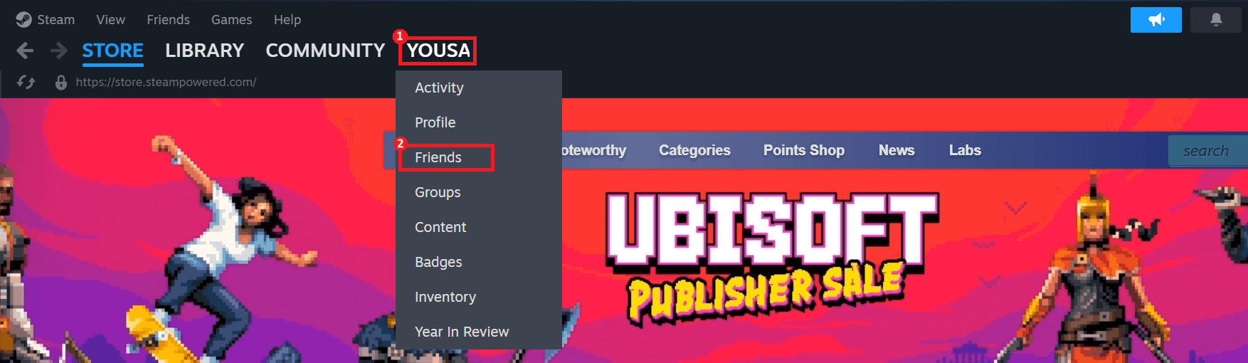 "Friends" menu highlighted under Steam profile name.